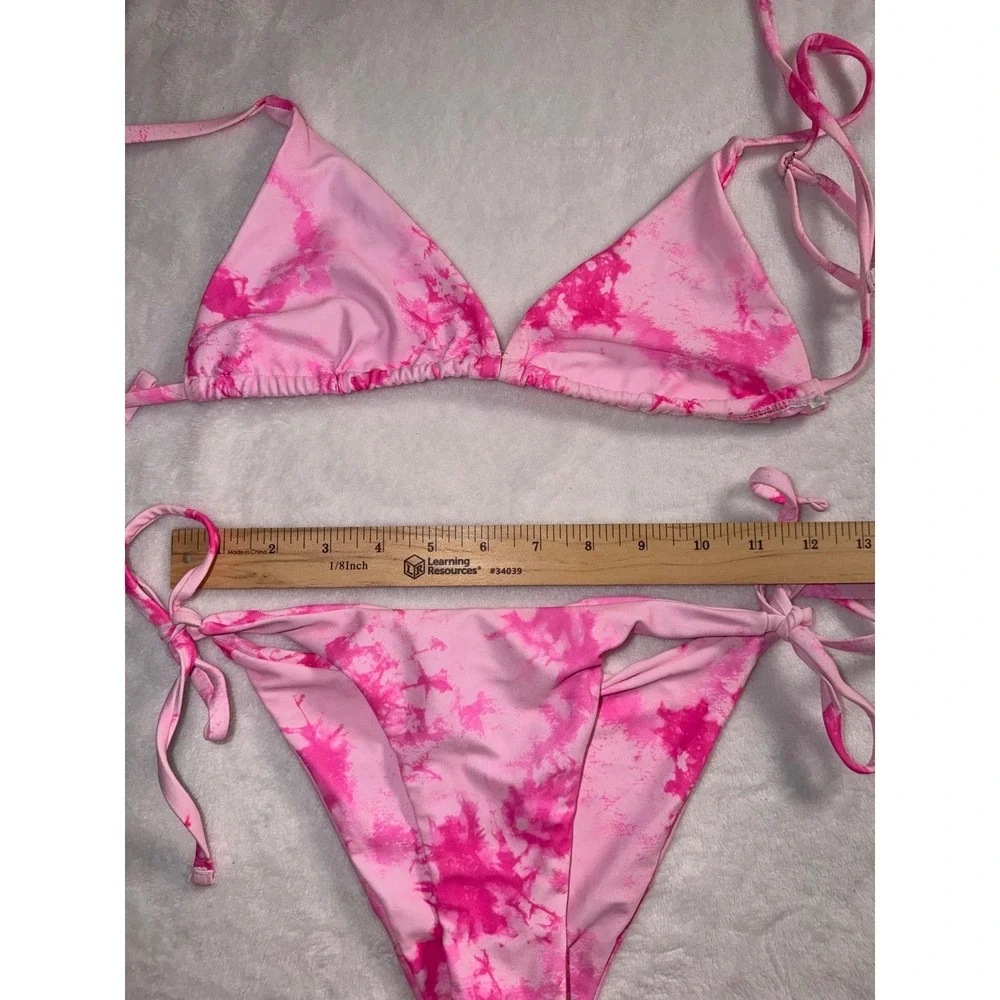 Zaful Pink Tie Dye Bikini Set Triangle Top Side Tie Bottoms‎ Womens Size S 4